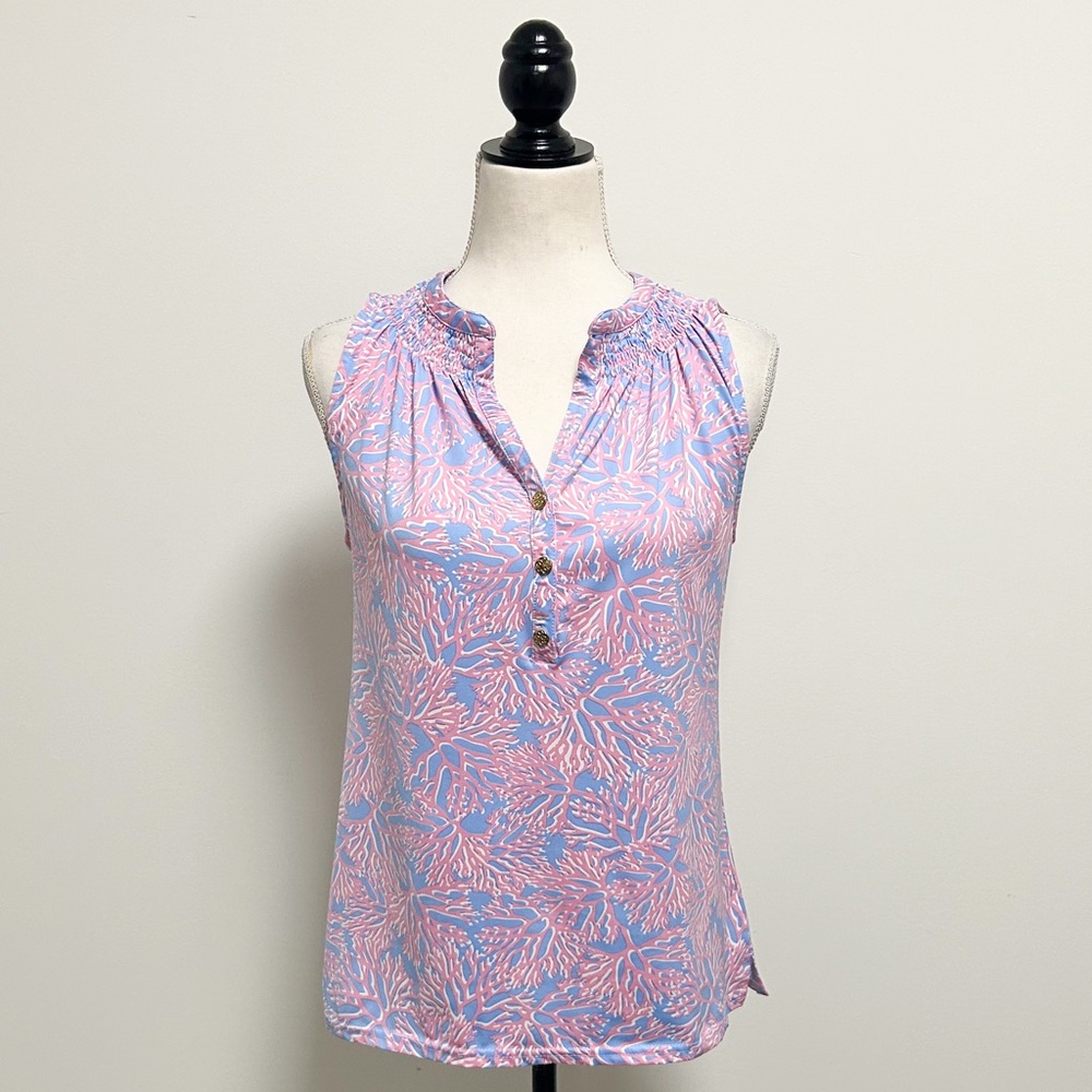 La Mer Luxe Pink White Periwinkle Coral Sleeveless V Neck Buttons Top Small